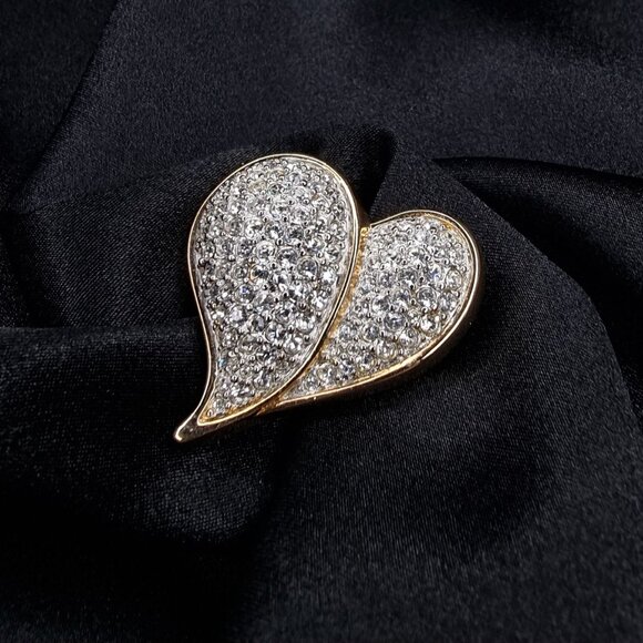 Vintage 1990s Swarovski Crystal Double Heart Brooch Gold-Tone Pin - Picture 1 of 6
